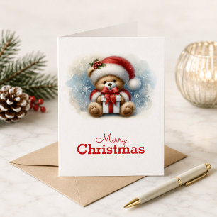 Tarjeta de Navidad con imagen de osito y regalos