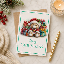 Tarjeta de Navidad con imagen de osito y regalos