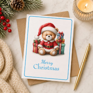 Tarjeta de Navidad con imagen de osito y regalos