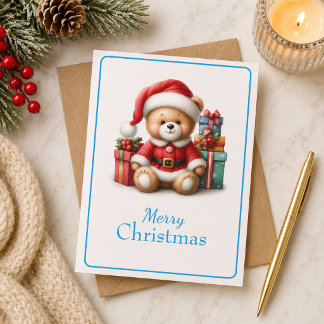 Tarjeta de Navidad con imagen de osito y regalos