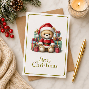 Tarjeta de Navidad con imagen de osito y regalos