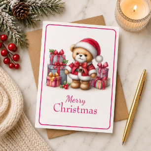 Tarjeta de Navidad con imagen de osito y regalos