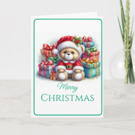 Tarjeta de Navidad con imagen de osito y regalos