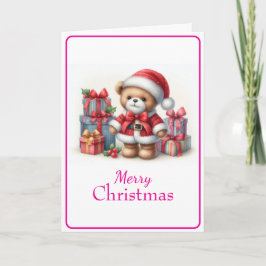 Tarjeta de Navidad con imagen de osito y regalos