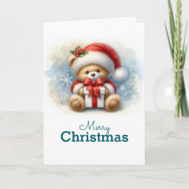 Tarjeta de Navidad con imagen de osito y regalos