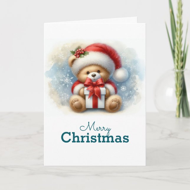 Tarjeta de Navidad con imagen de osito y regalos (Anverso)