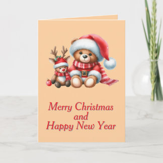 Tarjeta de Navidad con imagen de osito y reno.