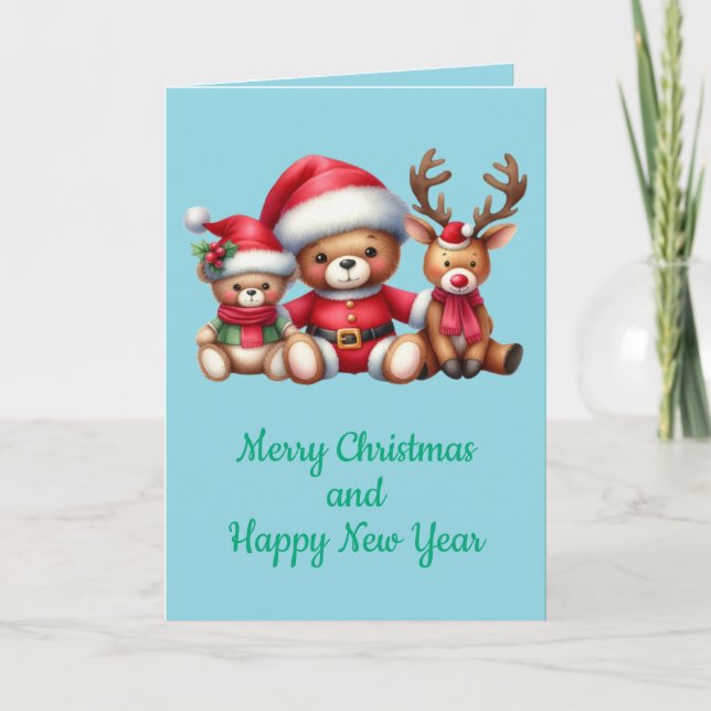 Tarjeta de Navidad con imagen de osito y reno. (Anverso)