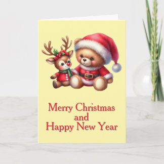 Tarjeta de Navidad con imagen de osito y reno.
