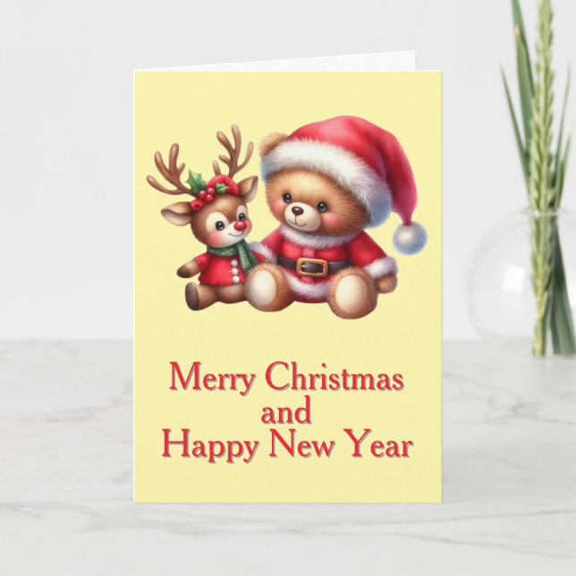Tarjeta de Navidad con imagen de osito y reno. (Anverso)