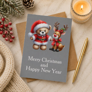 Tarjeta de Navidad con imagen de osito y reno.