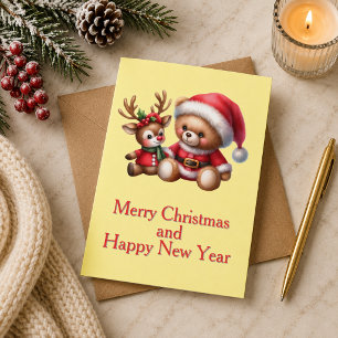 Tarjeta de Navidad con imagen de osito y reno.