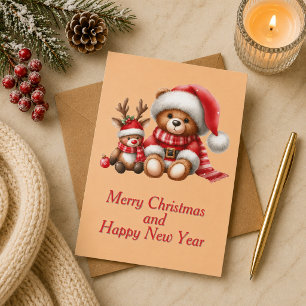 Tarjeta de Navidad con imagen de osito y reno.