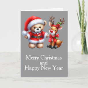 Tarjeta de Navidad con imagen de osito y reno.