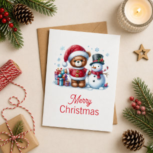 Tarjeta de Navidad con imagen de osito y snowman