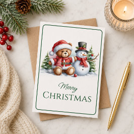 Tarjeta de Navidad con imagen de osito y snowman