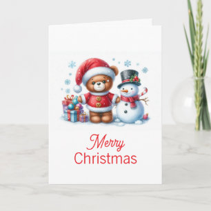 Tarjeta de Navidad con imagen de osito y snowman