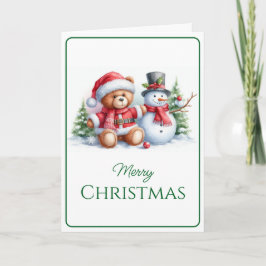 Tarjeta de Navidad con imagen de osito y snowman