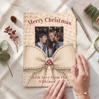 Tarjeta de Navidad con lazo de arpillera rústica