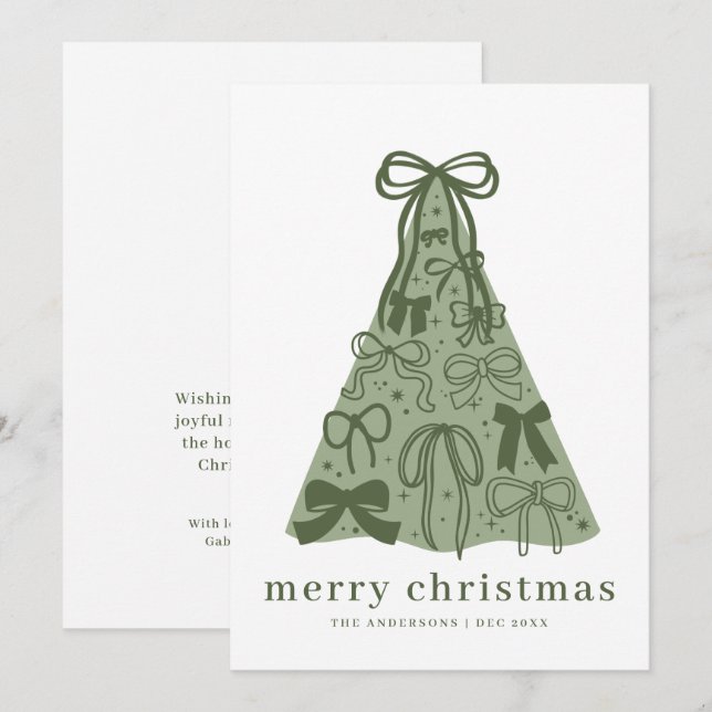 Tarjeta de Navidad con lazo de cinta verde salvia (Anverso / Reverso)