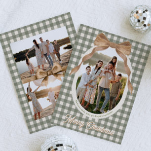 Tarjeta de Navidad con lazo de gingham campestre