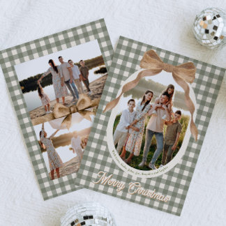 Tarjeta de Navidad con lazo de gingham campestre