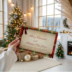 Tarjeta de Navidad con Lazo Rojo de Cuadros Escoce
