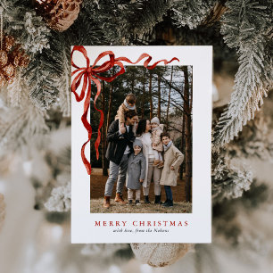 Tarjeta de Navidad con Lazo Rojo Elegante y Presup