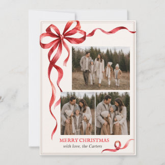 Tarjeta de Navidad con Lazo Rojo y Foto Familiar P
