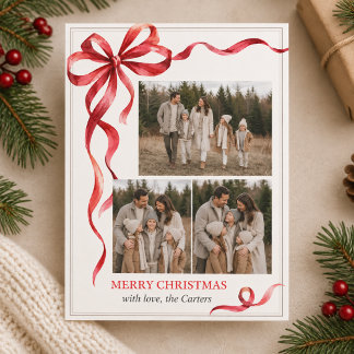 Tarjeta de Navidad con Lazo Rojo y Foto Familiar P