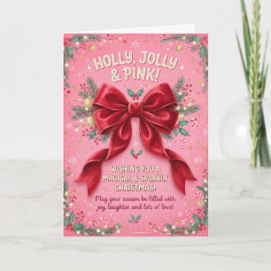 Tarjeta de Navidad con lazo rosa Holly Jolly