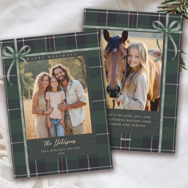 Tarjeta de Navidad con lazo verde - Cuadros Escoce (plaid tartan christmas photo card elegant 2 photos traditional classic scottish green bow)