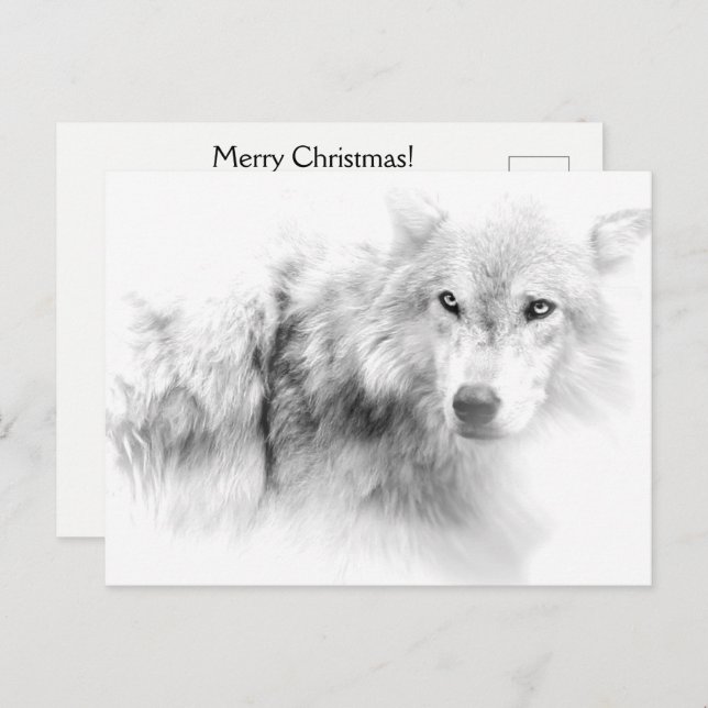 Tarjeta de Navidad con lobo en blanco y negro (Anverso / Reverso)