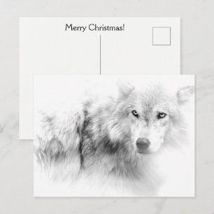 Tarjeta de Navidad con lobo en blanco y negro