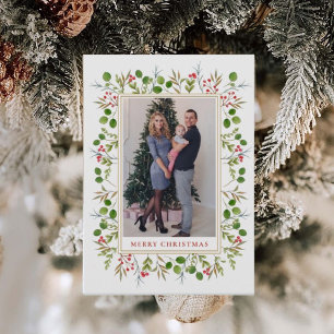 Tarjeta de Navidad con marco botánico acuarela