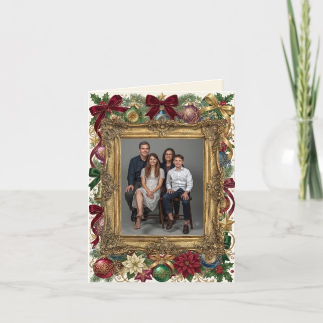 Tarjeta de Navidad con Marco de Oro para Foto (Anverso)
