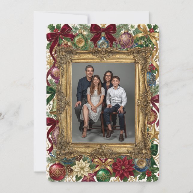 Tarjeta de Navidad con Marco de Oro para Foto (Anverso)