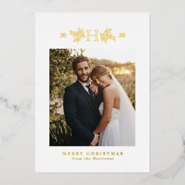 Tarjeta de Navidad con monograma rústico y una fot