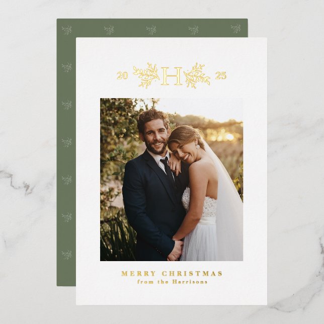 Tarjeta de Navidad con monograma rústico y una fot (Anverso/Reverso)