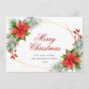 Tarjeta de Navidad con muérdago y poinsettia elega