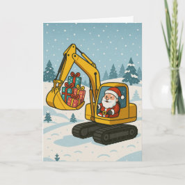Tarjeta de Navidad con Papá Noel en excavadora car