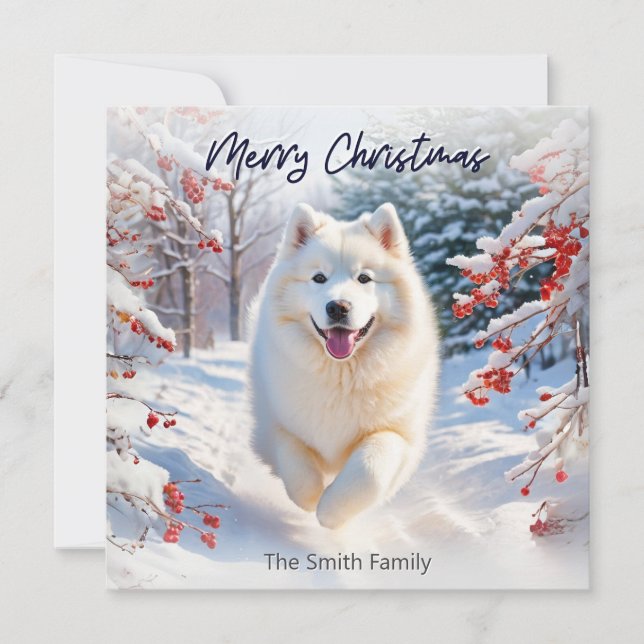 Tarjeta de Navidad con Perro Samoyedo en la Nieve  (Anverso)