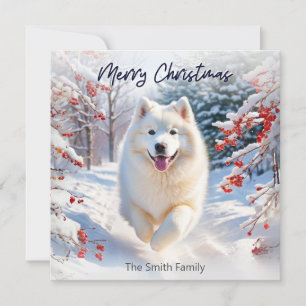 Tarjeta de Navidad con Perro Samoyedo en la Nieve