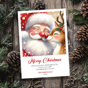 Tarjeta de Navidad con Santa y Rudolph con un salu
