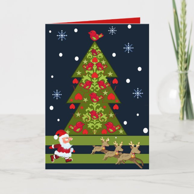 Tarjeta de Navidad con santa y un árbol (Anverso)