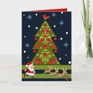 Tarjeta de Navidad con santa y un árbol