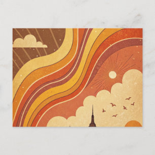 Tarjeta de Navidad con silueta de ciudad al atarde