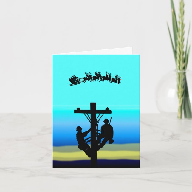 Tarjeta de Navidad con silueta de linieros en post (Anverso)