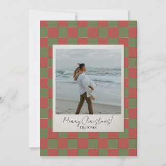 Tarjeta de Navidad con tablero de ajedrez rojo y v