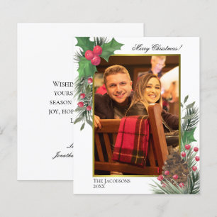 Tarjeta de Navidad con tema festivo de acebo y pin